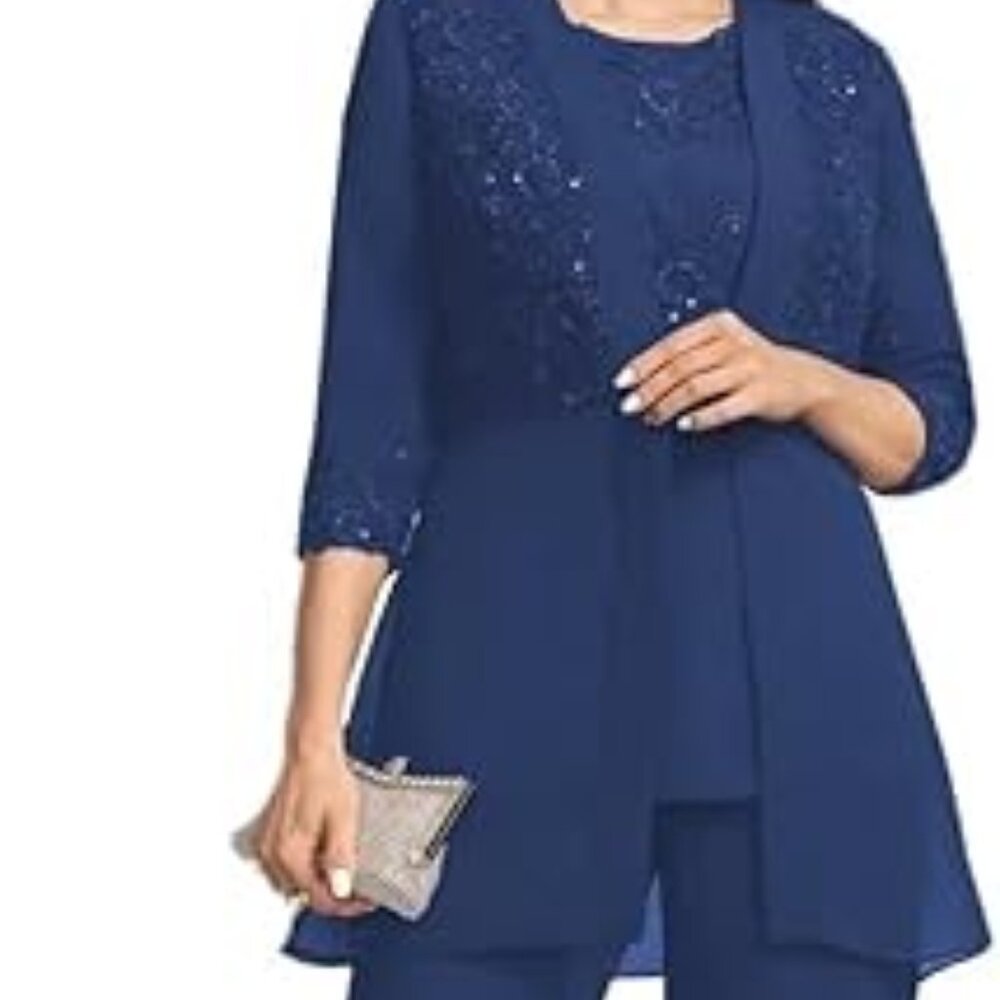 3 Piece Pants Suite Formal Outfit with Jacket Chiffon Lace Appliques